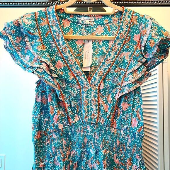 ✨NWT Poupette St Barth Camila Floral Duck Green Canary Ruffled Mini Dress - Picture 10 of 11